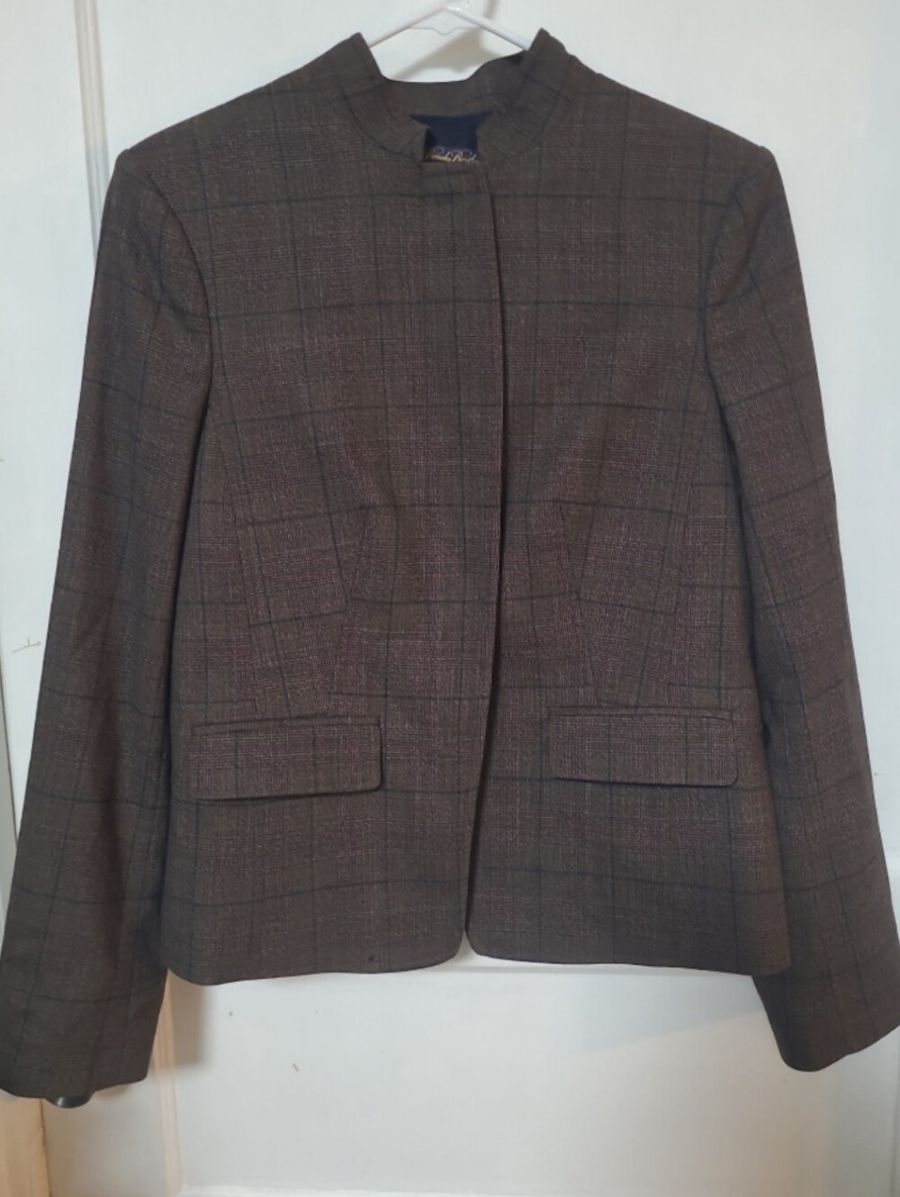 Brooks Brothers Wool Brown Plaid Collarless Blazer Jacket 10